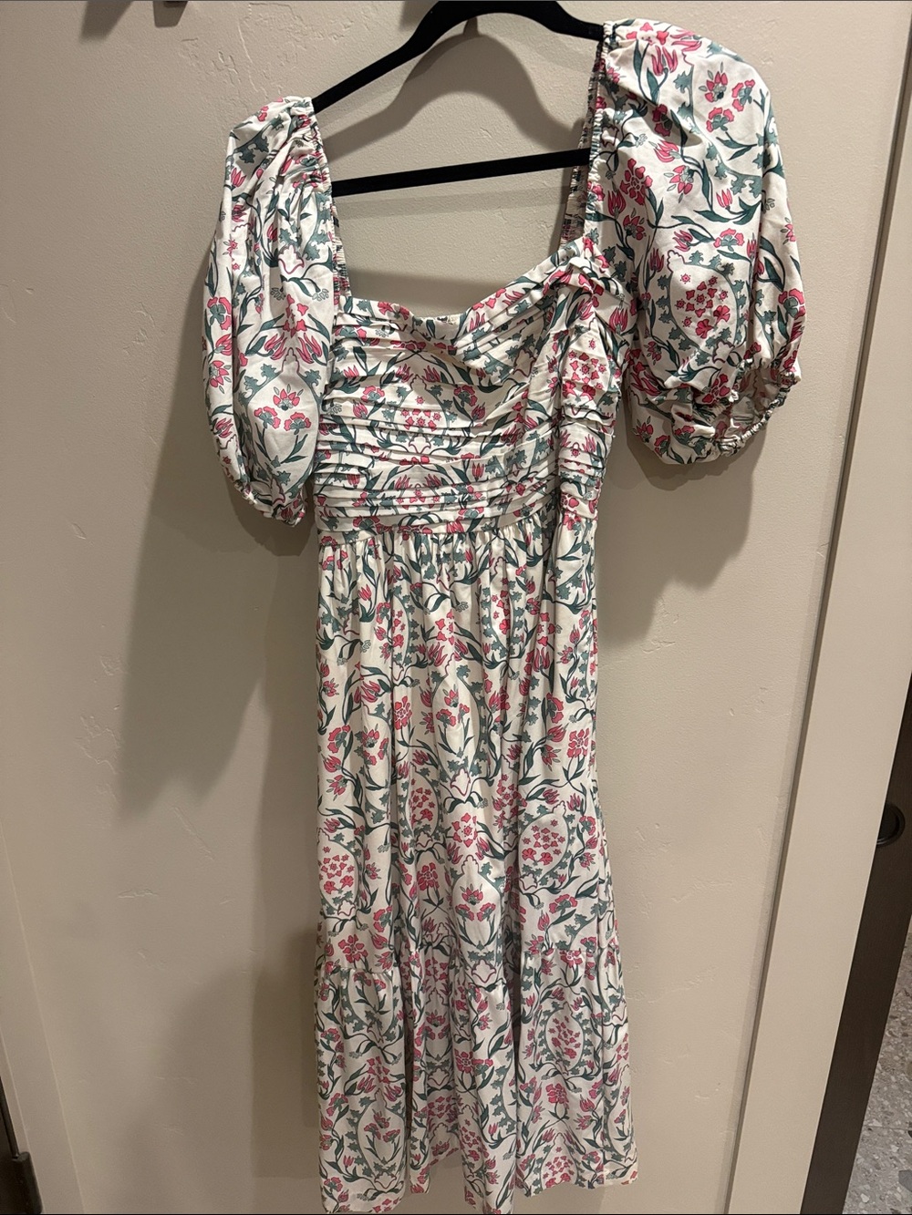 Abercrombie & Fitch White Midi Dress with Pink & Green Floral Print - Picture 2 of 6